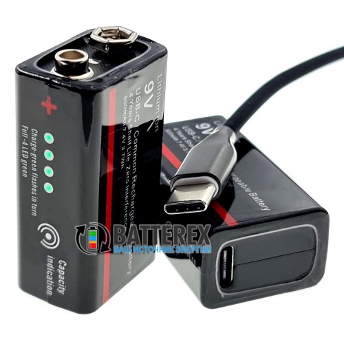 USB акумулятор Крона Li-Ion Soshine 9V 500mah з портом Type-C для заряджання та індикатором рівня заряду